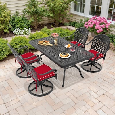 5-Piece Aluminum Rectangular Outdoor Patio Dining Set, 4 Cushioned Swivel Chairs, Table, All-Weather Frames