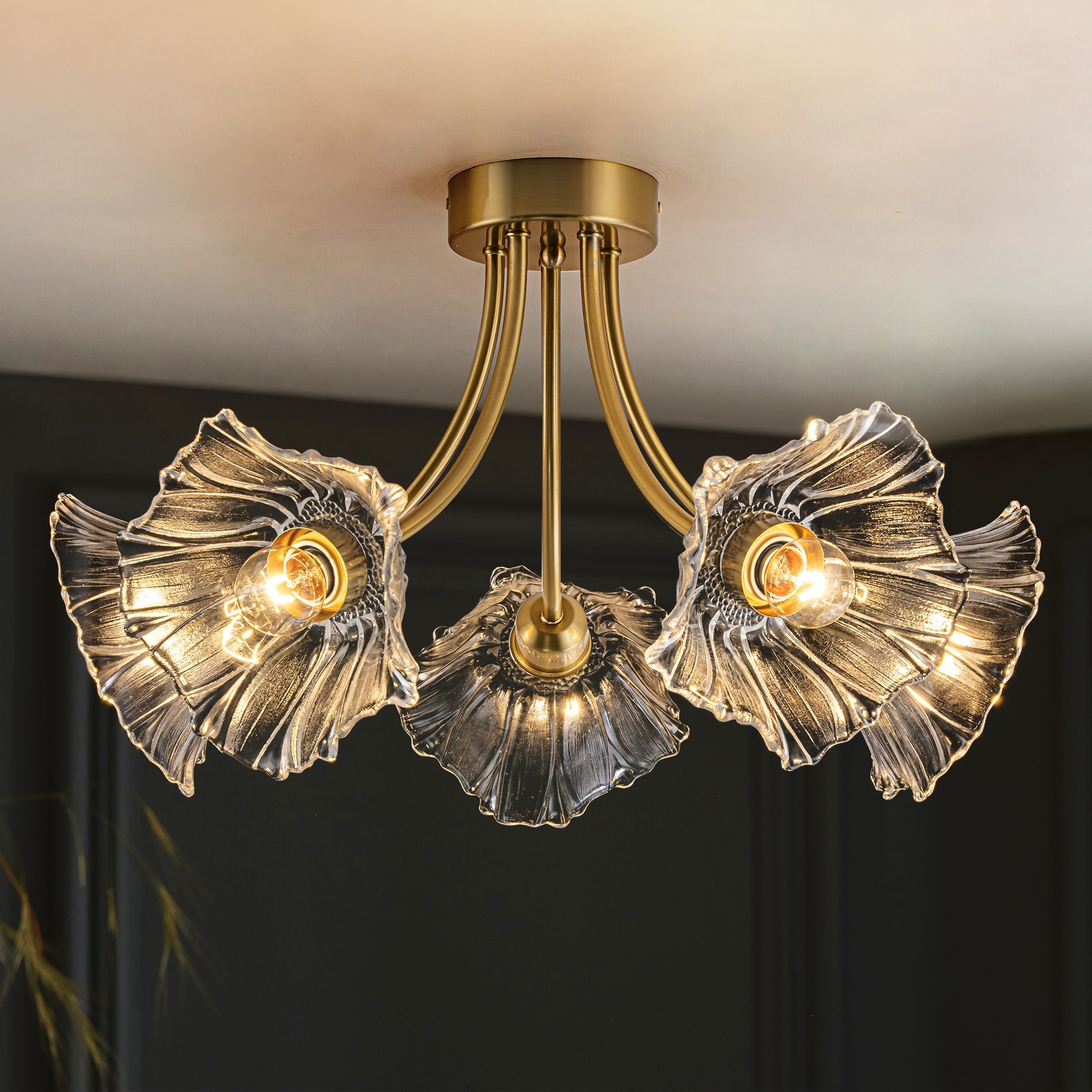 Rennnsan 5-Light Modern Brass Sputnik Cluster Semi-Flush Mount Ceiling Light with Flower Glass Shades