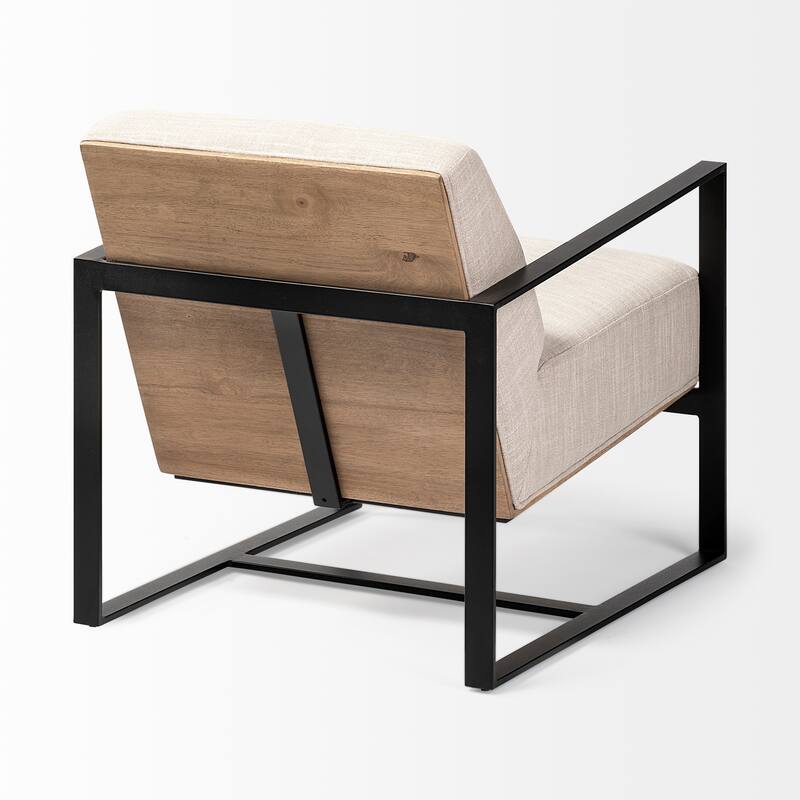 Stamford Black Genuine Leather w/ Light Brown Solid Wood Back & Black Iron Frame Accent Chair