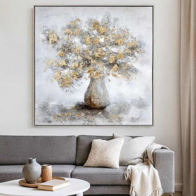 47 x 47 Modern Hand Painted Vase with Gold Foil Flowers and Silver Frame - Gray, White, Gold, Silver