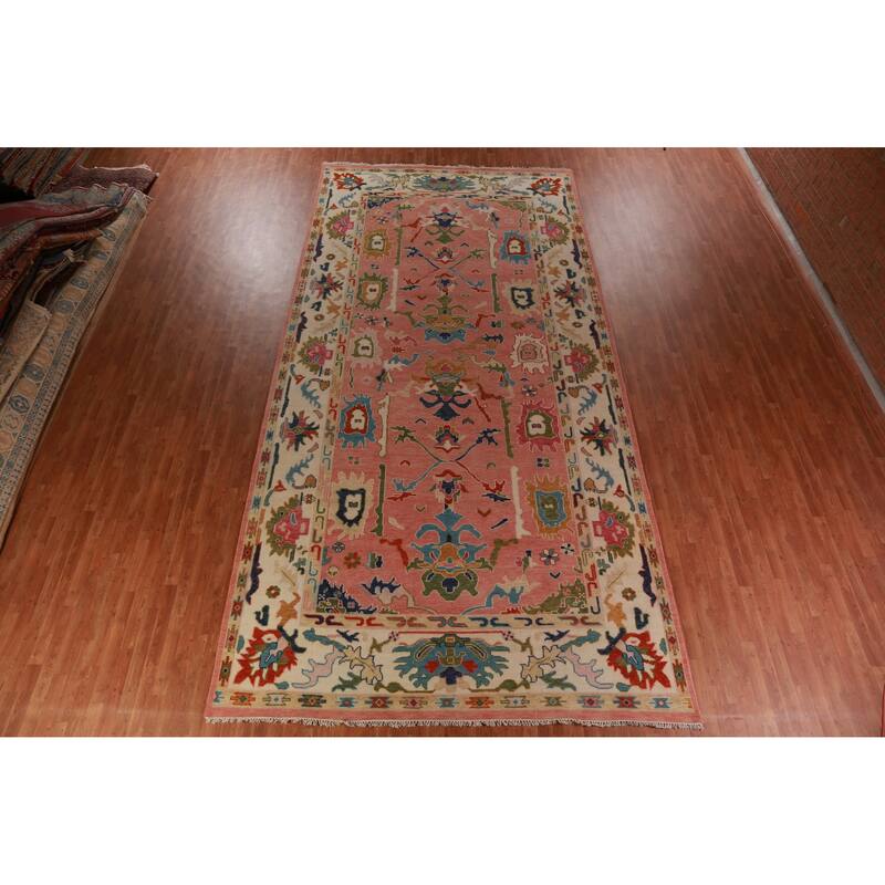 Pink Ivory Oushak Indian Large Rug Handmade Wool Carpet - 8'9" x 17'9"