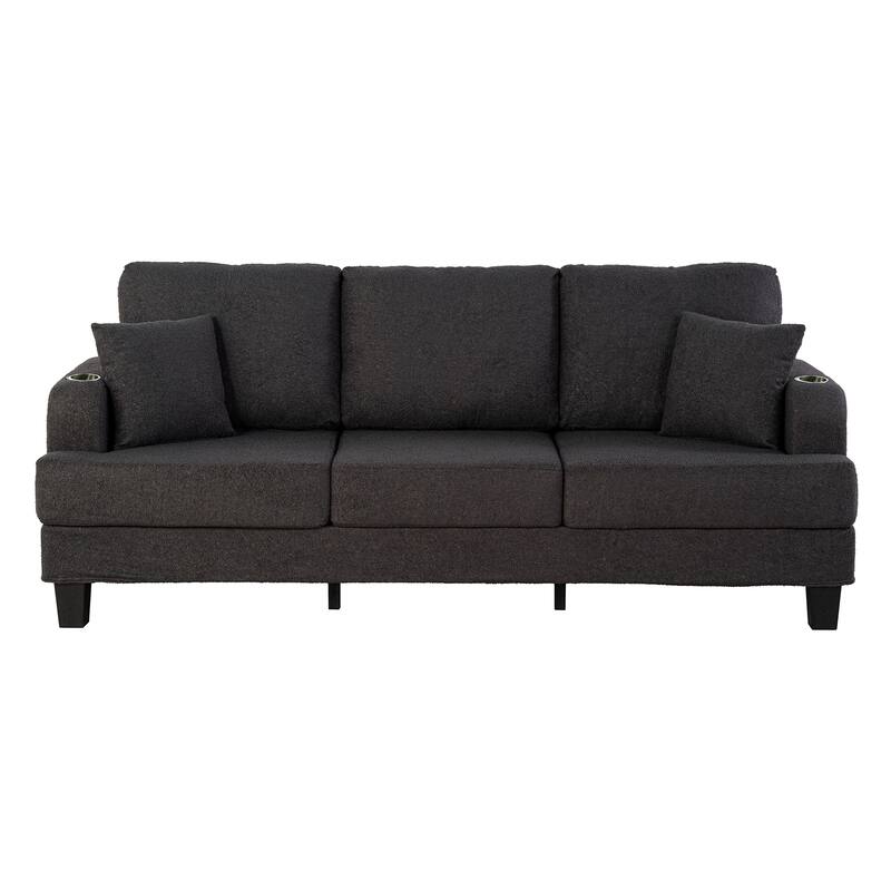 Modern Black Fabric USB Sofa with 2 Cup Holder and 2 Pillows