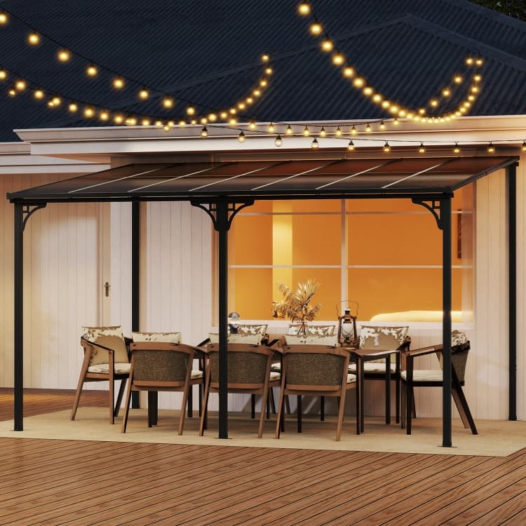 Natural-Black Polycarbonate Metal Wall-Mounted Patio Gazebo 10x13ft