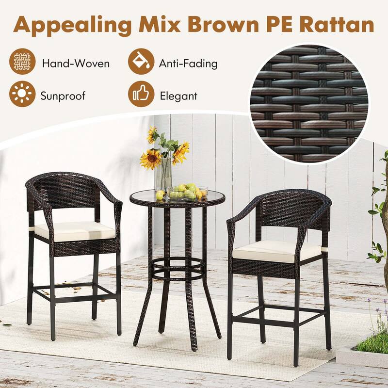 Costway 3 PCS Patio Rattan Bar Set Wicker Armchairs & Round Table with - See Details
