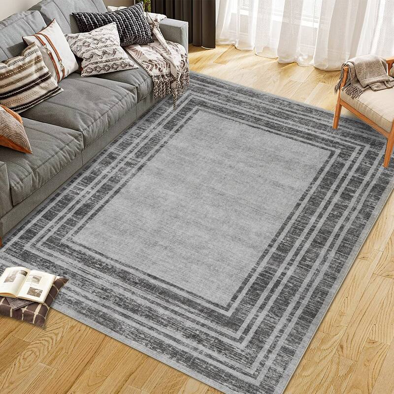 Washable Area Rugs for Living Room, Soft Modern Bordered Rug Non Slip Low Profile Carpets for Bedroom Dining Room