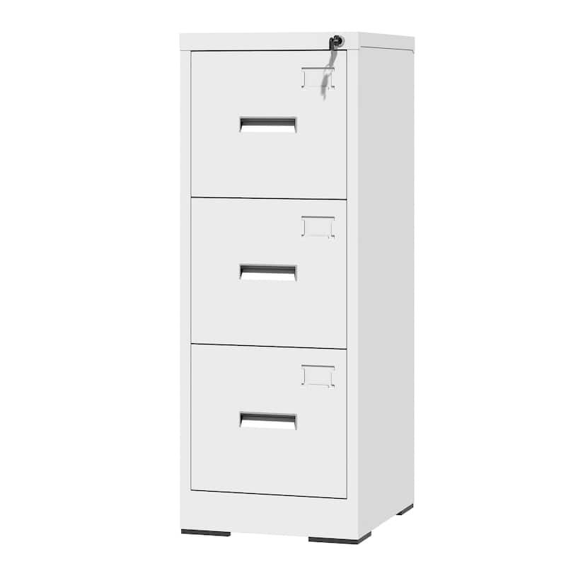 Modern Narrow File Cabinet Vertical Filing Cabinet with 3 Drawers, Locks and Card Slots, for Home Office, White
