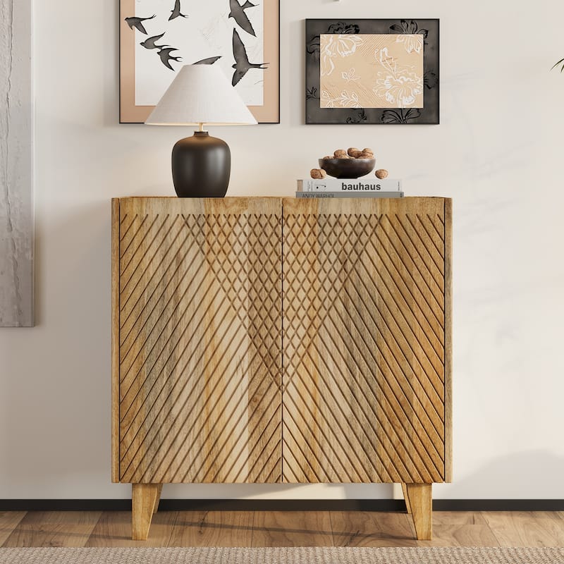 Wood Accent Cabinet With Storage, Rustic Mango Wood Storage Cabinet With Fluted Design And Adjustable Shelf
