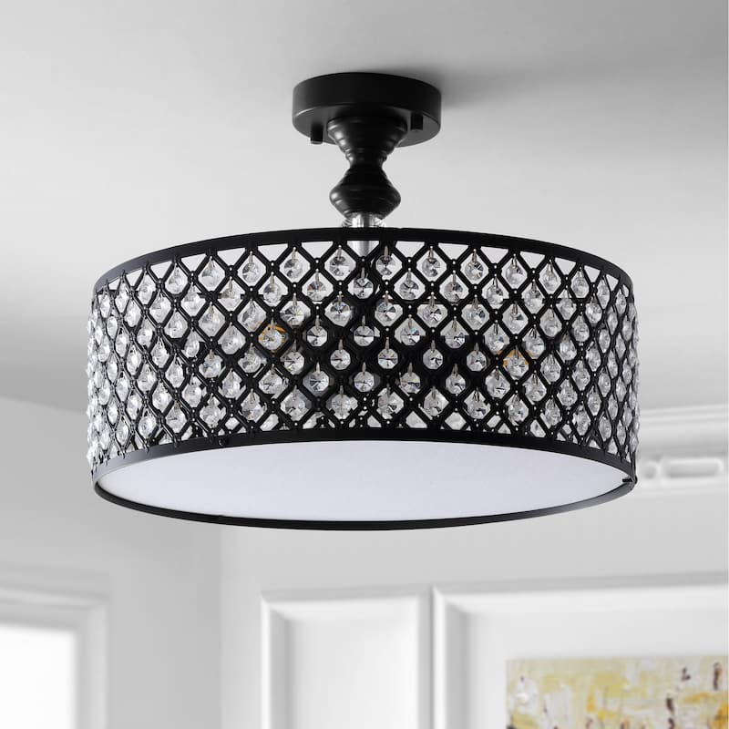 Ilsa 17" 3-Light Crystal/Metal Drum Semi-Flush Mount, Black by JONATHAN Y