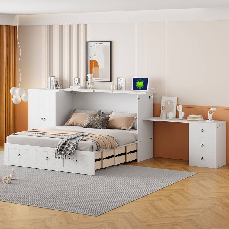 Queen Size Murphy Bed Cabinet Bed w/USB Port, Drawers, Desk & Wardrobe