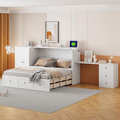 Queen Size Murphy Bed with USB Port, Large Drawer, and Wardrobe/Desk Combo - Versatile Cabinet Bed
