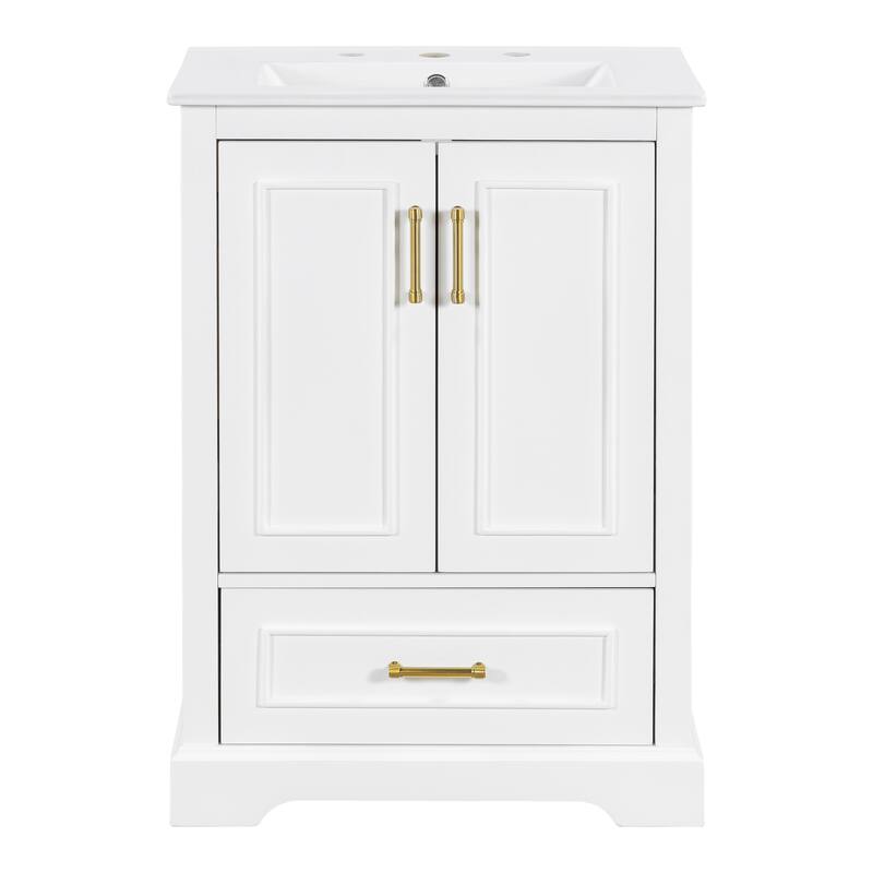 Bathroom Vanity with Ceramic Sink, Freestanding Bathroom Cabinet with Double Shelf, 1 Divided Drawer & 2 Soft Close Doors