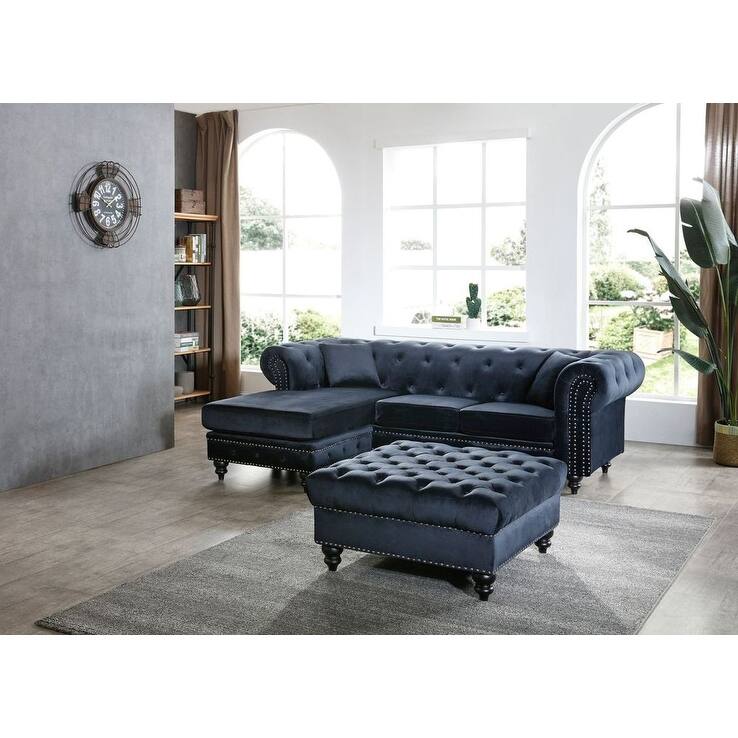 Nola Velvet Sofa with Chaise - Black