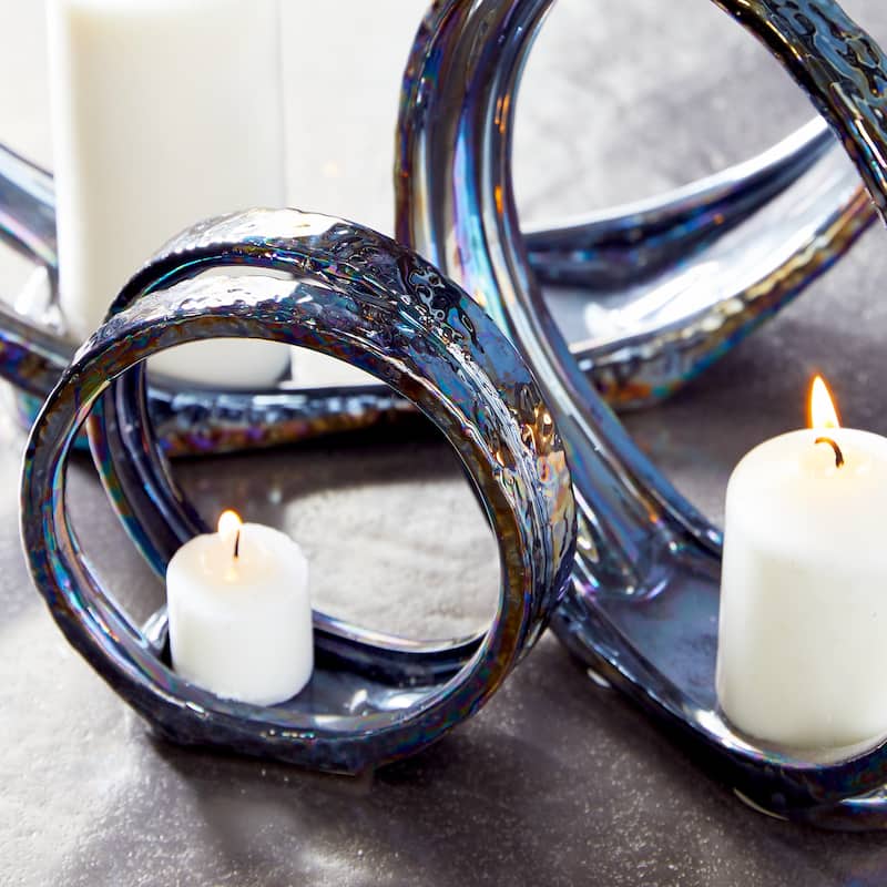 Silver Ceramic Pillar 3 Plate Candle Holder (Set of 3) - 14 x 5 x 13Round