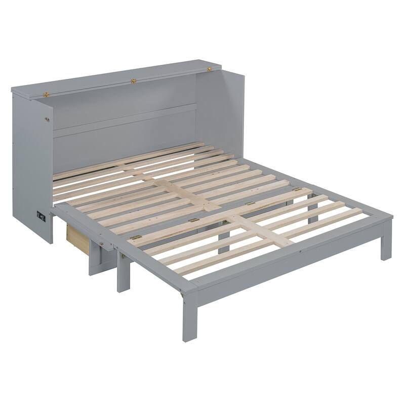 Space-Saving Queen Size Murphy Bed with Large Drawers and USB Charging, Gray