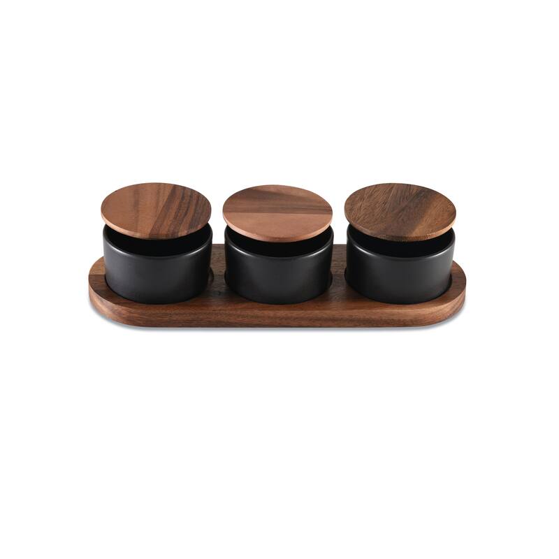 Black Ceramic Condiment Set on Acacia Wood Base - 7 Piece