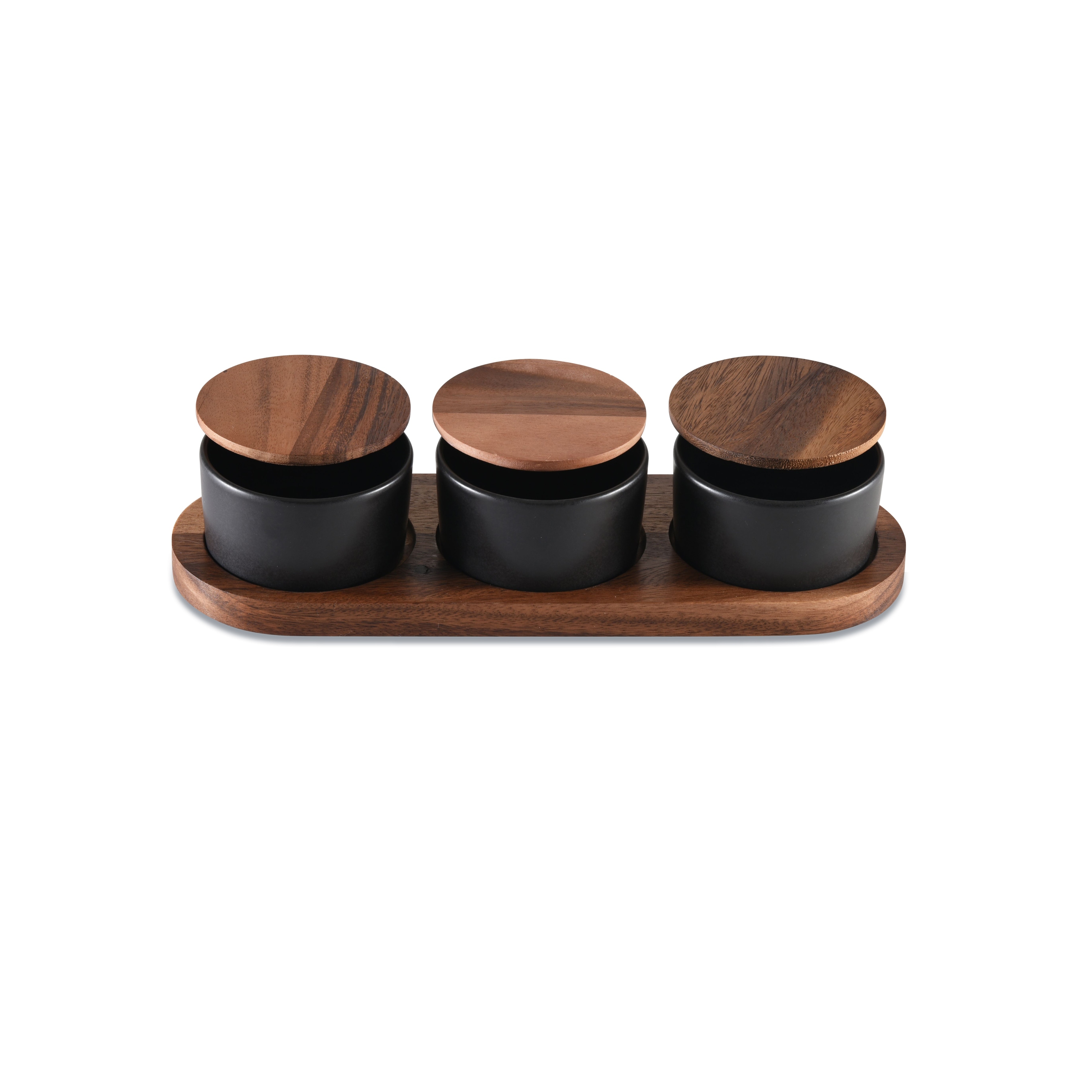 Black Ceramic Condiment Set on Acacia Wood Base