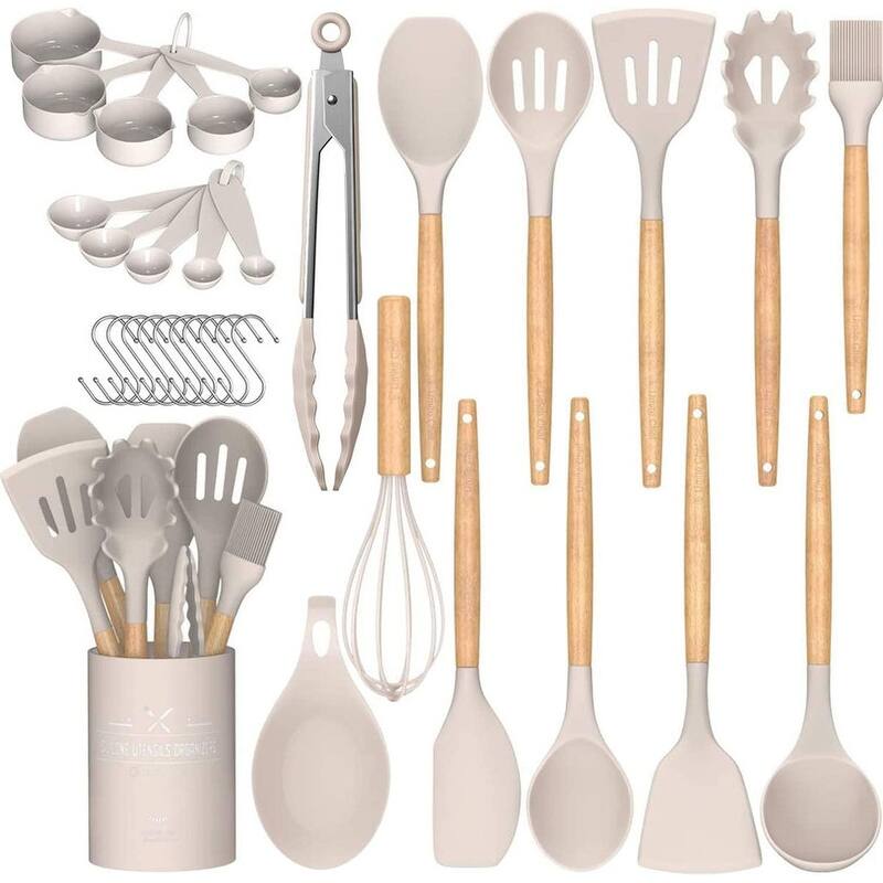 Kitchen Cooking Utensils Set, 33 pcs Non-Stick Utensils Spatula Set with Holder - Khaki