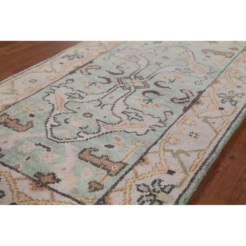 Green Oushak Oriental Runner Rug Hand-Knotted Wool Carpet - 2'6"x 8'0"