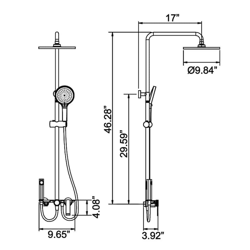 46"H Solid Brass 4-Function Exposed Shower System with Bidet Sprayer and Tub Spout