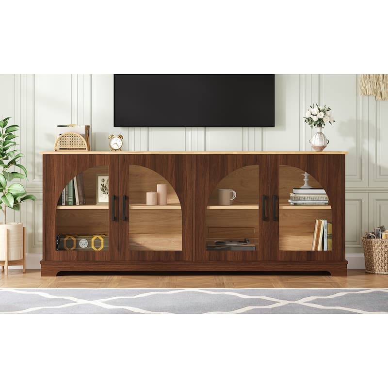 Farmhouse TV Stand with Semi-Arched Glass Doors for TVs Up to 70",Adjustable Shelves,Wood Grain Sideboard with Cable Management