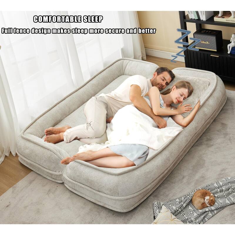 Pet Friendly Lazy Loveseat Sofa 2-in-1 Chenille Floor Couch Double Human Sleeper Bed with 5 Adjustable Position, Plump Pillows