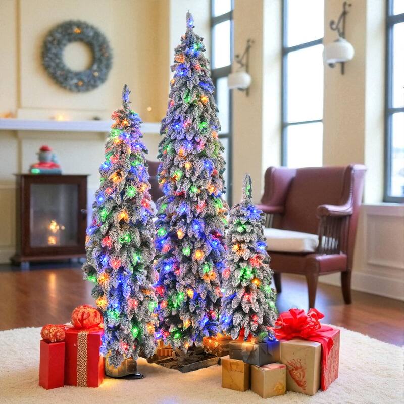 3-Piece Pre-Lit Pencil Christmas Tree Set 8FT 6FT 4FT, Snow Flocked Slim Trees with 520 LED Lights and 11 Modes, 1455 Tips