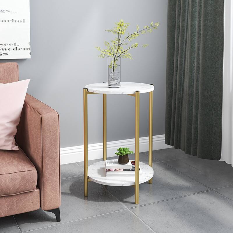 2 Shelves Sintered Stone Round Side Table Sofa End Table - Gold/White