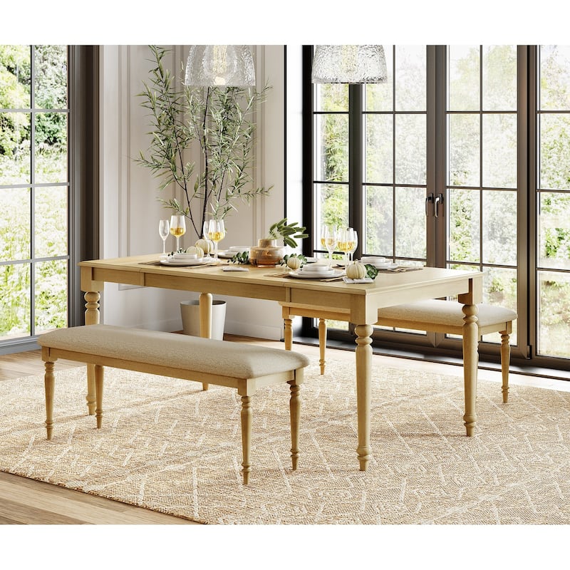 3-Piece Dining Table Set, Wood Dining Table & 2 Padded Benches, Oak - 3-Piece - Oak