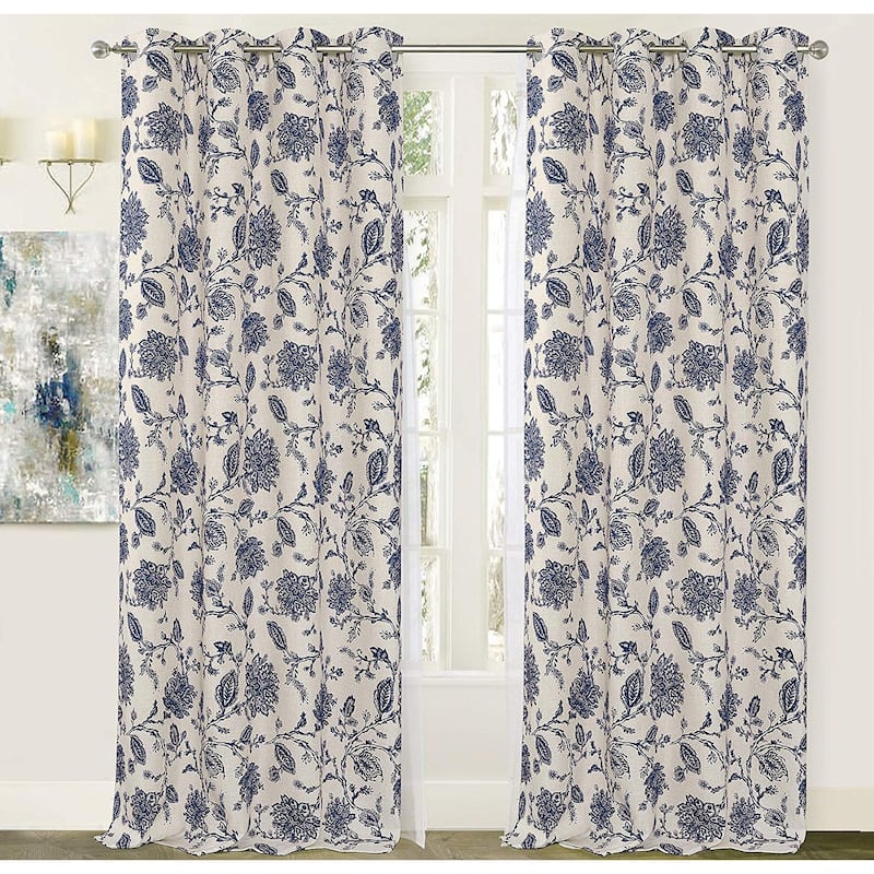 Oleson Jacobean Floral Linen Blend Blackout Curtain Panel - Navy - 52" width x 84 " length