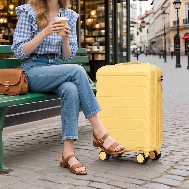 14"/20" 2-Piece, Modern Luggage Sets with Makeup Case, Spinner Wheel and Combination Lock, for Boarding Travel, Yellow