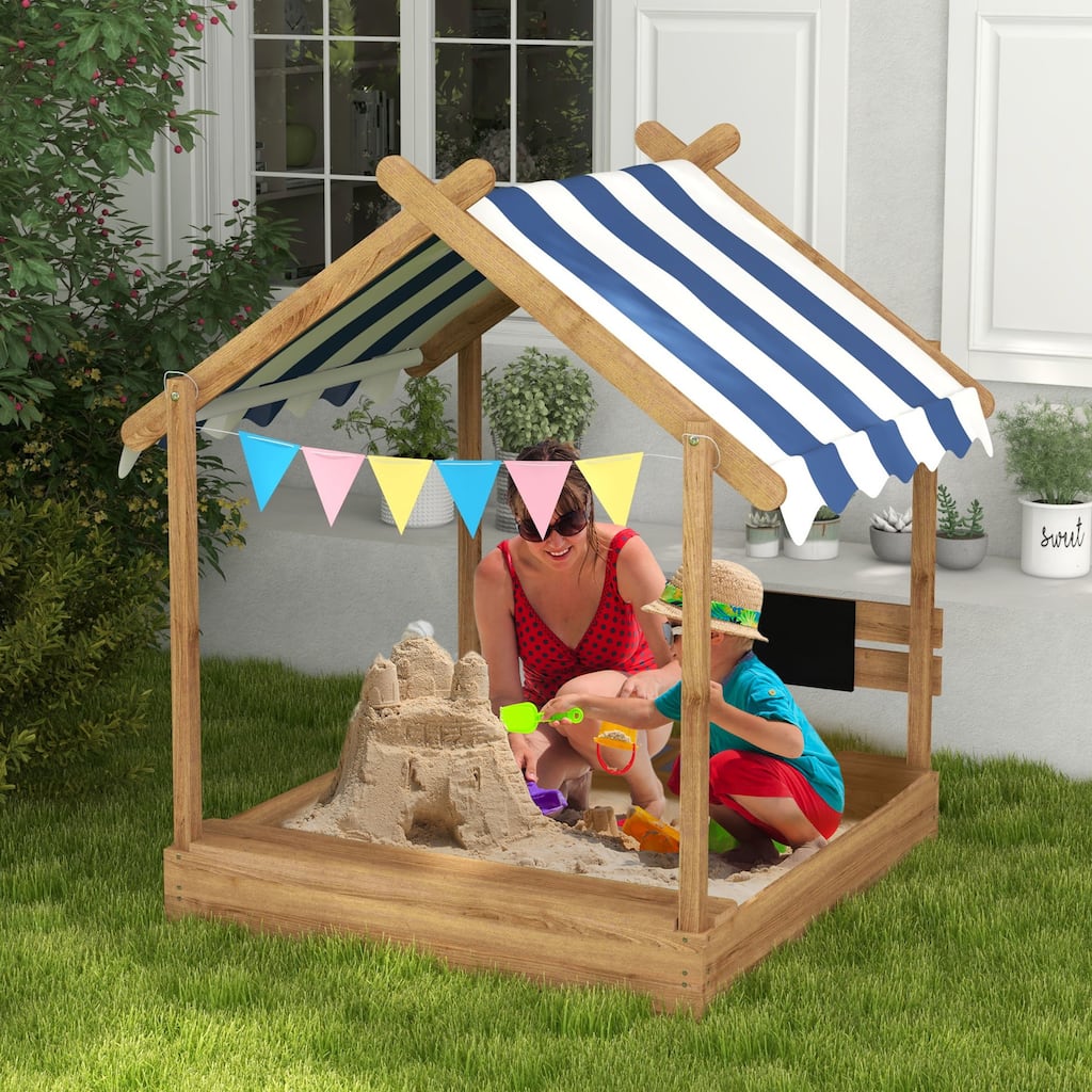 Wooden Sandbox with Canopy House Design for 3-7 Years Old, Brown
