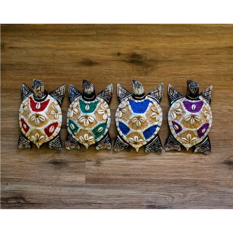 Wooden Tortoise Turtle Home Decor Sculpture Statue Wall Hanging Handmade Seaside Tropical Nautical Ocean Coastal - Red, Blue, Green, Purple - 8" long x 5" wide x 2.5" tall