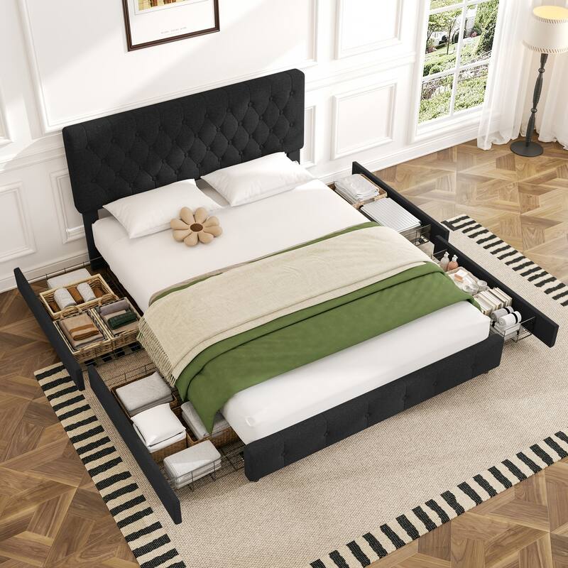 Linen Upholstered Headboard Bed Frame with Large Hidden Storage, 4 Underbed Drawers with Pulleys