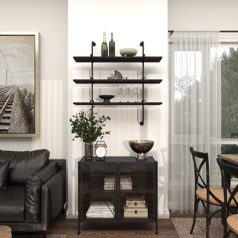 3 Level Wood Wall Shelf with Black Metal Brackets - Brown or Gray