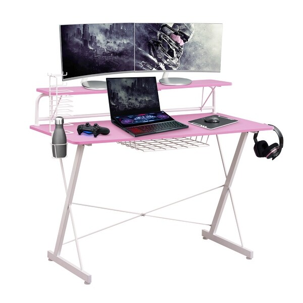 High Tech Gaming Desk with Carbon Fiber Top Steel Frame and Media Storage for Gamers and Home Offices Pink