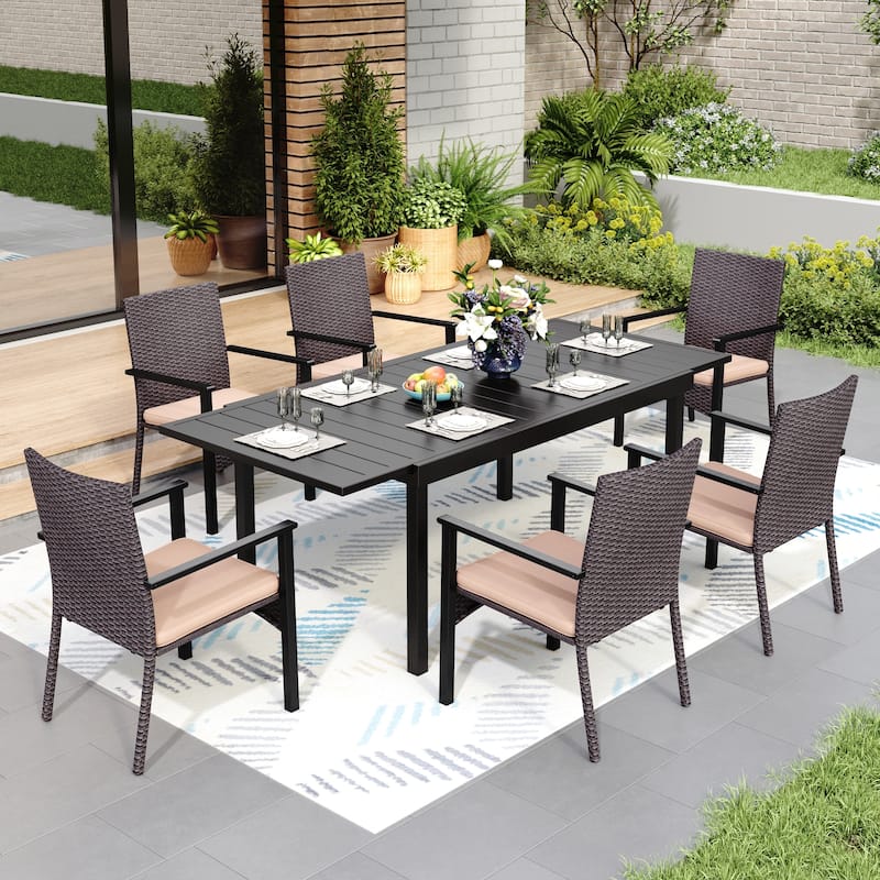 7/9 Patio Dining Set, Expendable Rectangular Outdoor Dining Table with Rattan Chairs - 7-Piece Metal Armrest Chair Set (Beige)
