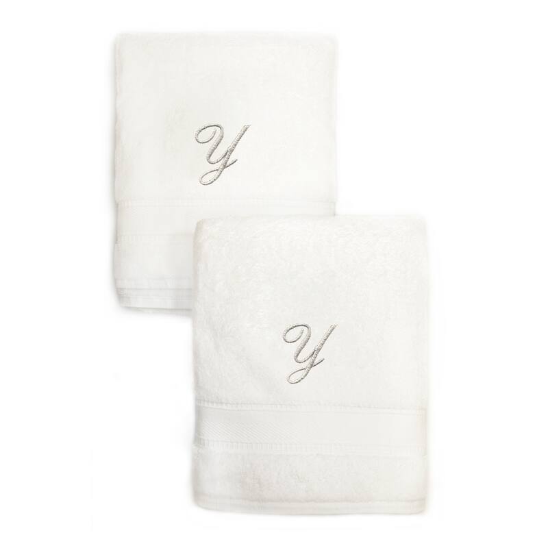 Authentic Hotel and Spa 2-piece White Turkish Cotton Hand Towels with Silver Script Monogrammed Initial - White - Y