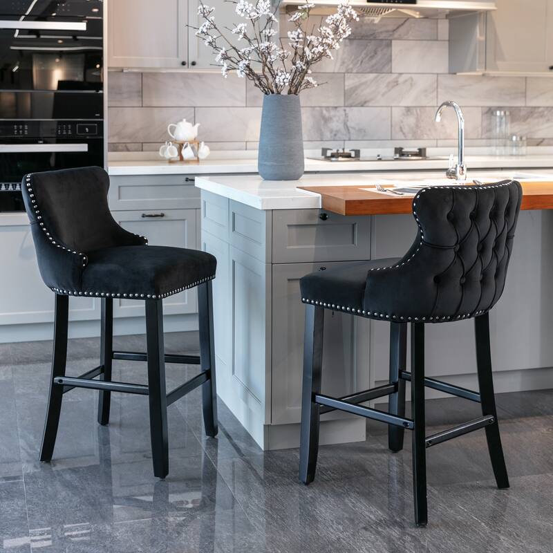 Velvet Wingback Bar Stools Set of 2, Button Tufted Dining Chairs with Footrest, Upholstered Counter Stools with Wooden Legs