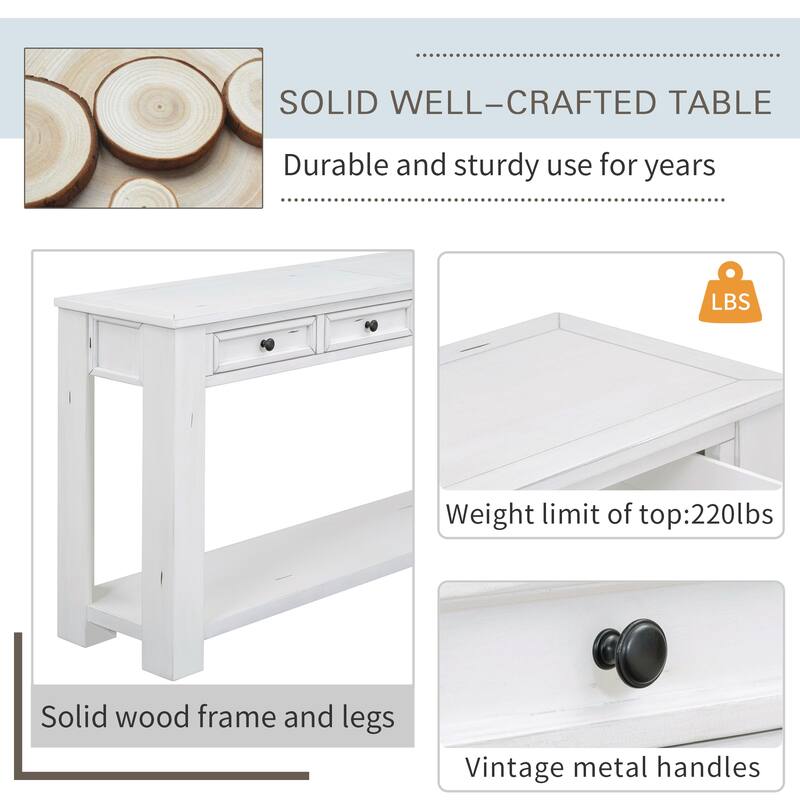 Antique White Console Table Entry Hallway Table, 63" Wood Rectangular Sofa Side Table with 4 Storage Drawers and Bottom Shelf