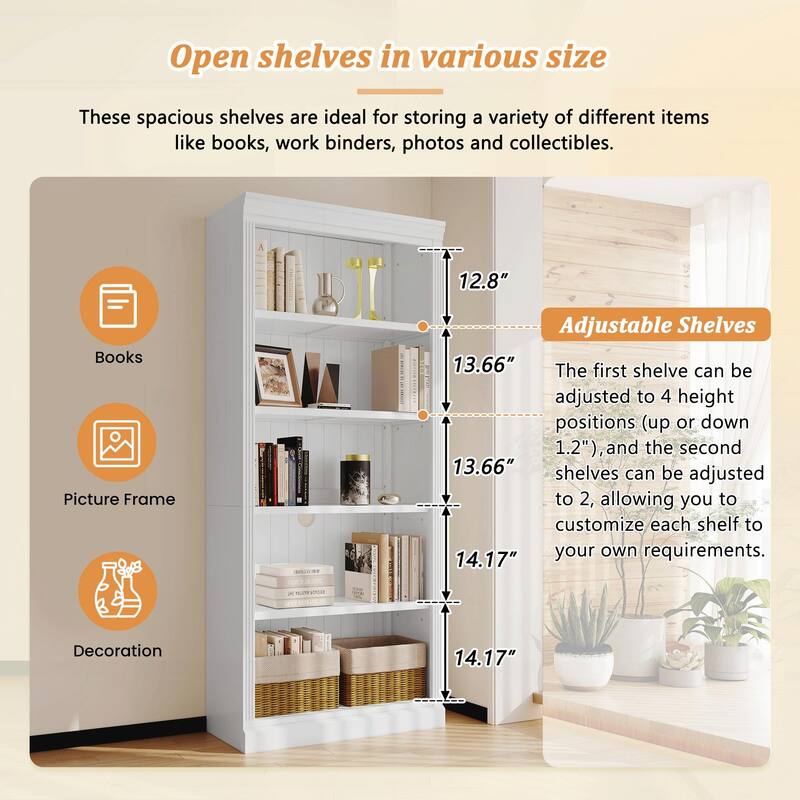 83.4" Tall Wood Bookcase with Light Strip, 5-Tier Decor Bookshelves with Adjustable Shelves