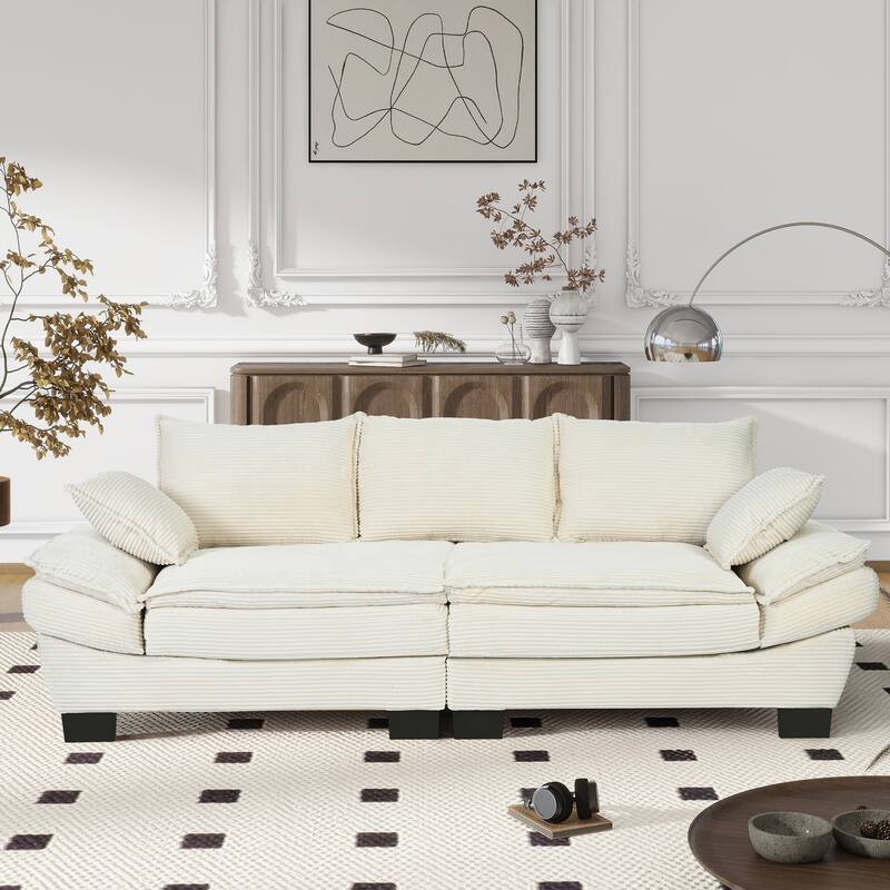85.4" Modern Curved Sofa, Back Upholstered Couch with 2 Decorative Throw Pillows, Corduroy Fabric Couch