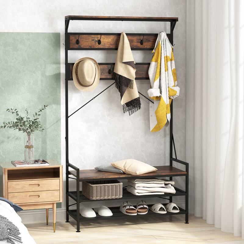 Costway Coat Rack 4-In-1 Hall Tree with 11 Hanging Hooks, Shoe Bench, - See Details