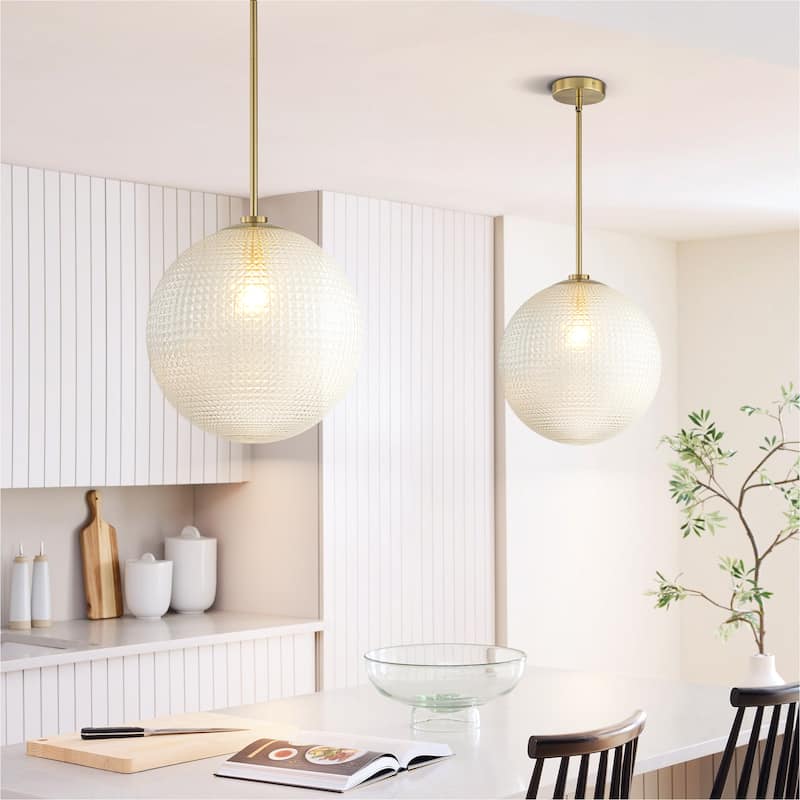 1-Light Modern Black/Gold Grid Textured Glass Pendant Kitchen Island Lights - 13.7 in. W - Gold