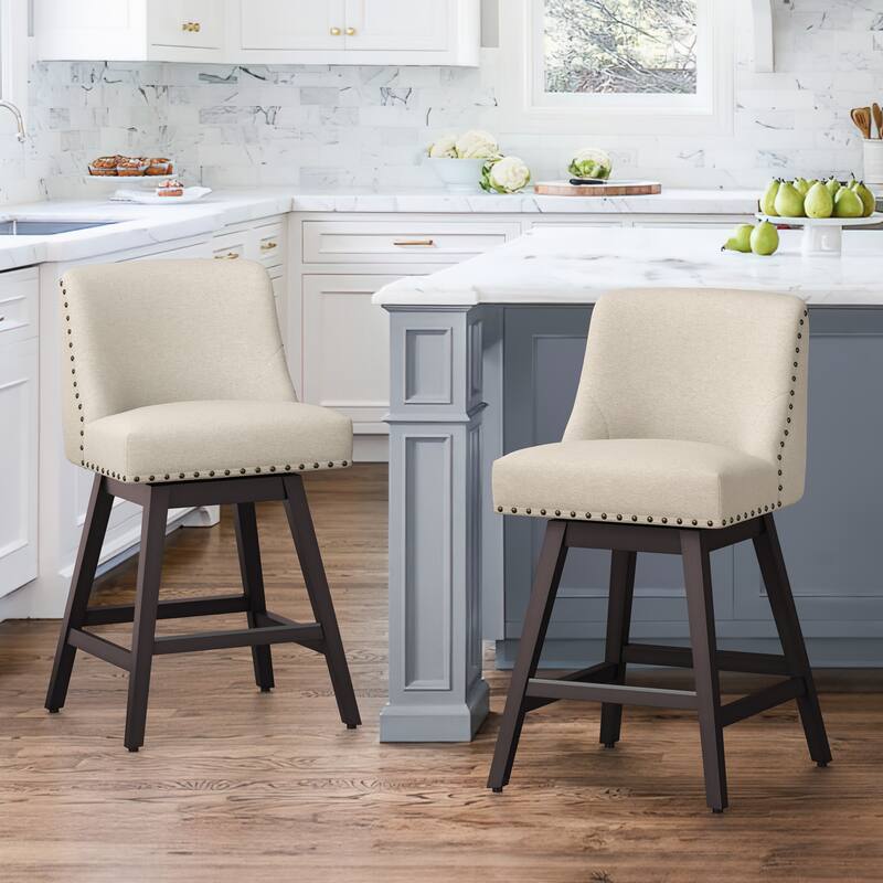26 in. H Counter Height 360 Free Swivel Bar Stools Upholstered Wooden Counter Stools with Back - Set of 2 - Linen