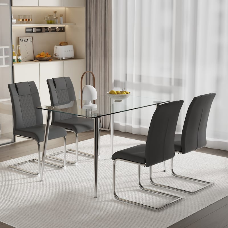 Modern Rectangular Dining Table Set for 4, 51" Glass Table with 4 Faux Leather Chairs, 5-Piece Stylish Dining Table & Chair Set