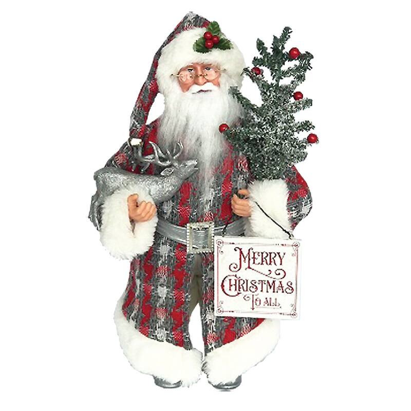 16" Standing Plaid Santa "Merry Christmas To All" Figure Reindeer Tree