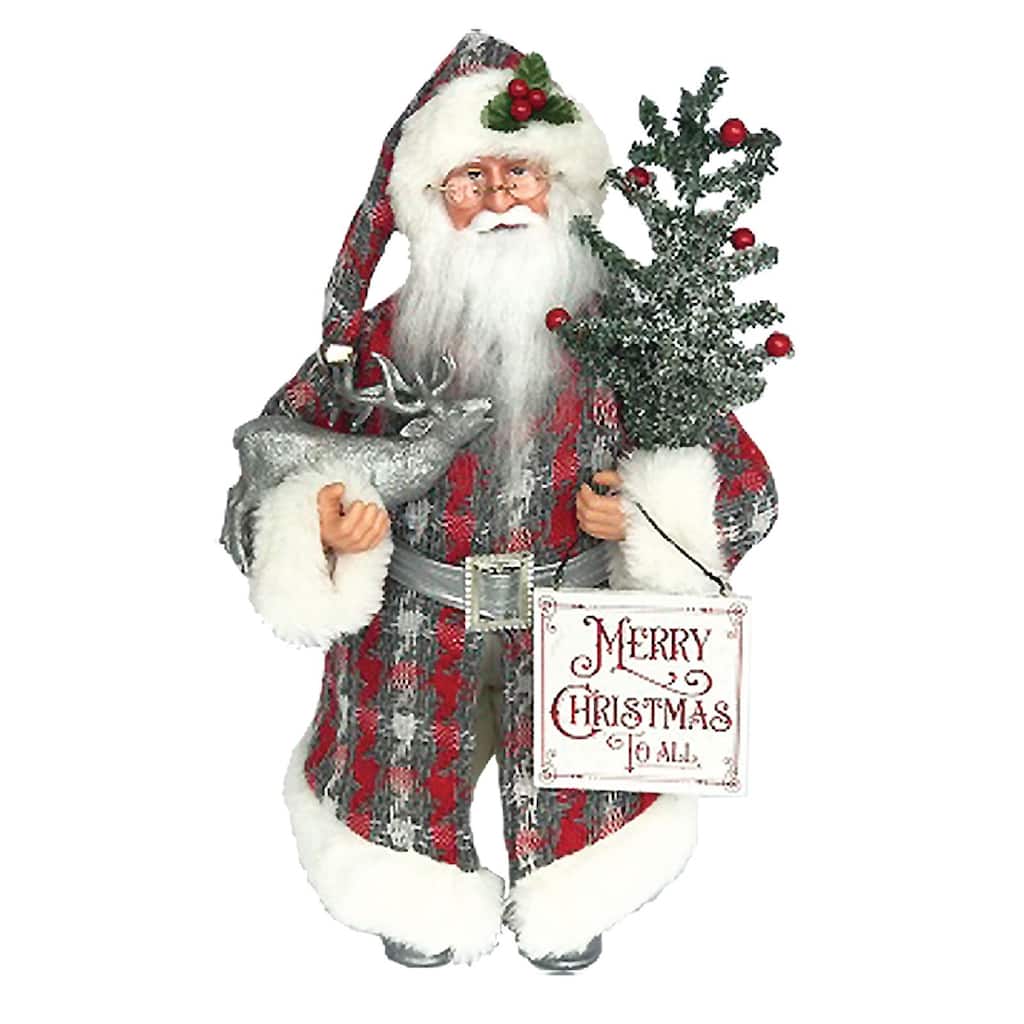 16" Standing Plaid Santa "Merry Christmas To All" Figure Reindeer Tree