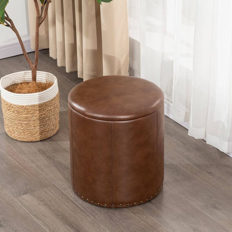 Adeco Round Faux Leather Storage Ottoman with Nailhead Trim