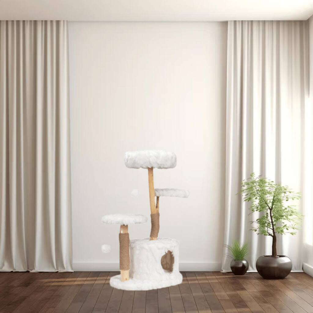 Luxury Cat Condo with Natural Wood, 2 Hanging Balls, and Comfortable Plush Perch, Indoor Cat Furniture, Kitten Cat Gift