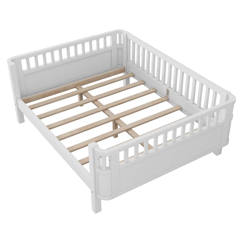 Full Size Wood Platform Bed for Kids, Wood Low Profile Full Bed with Rails for Girls and Boys, White